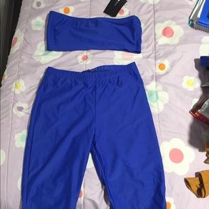 blue two piece tube top with biker shorts